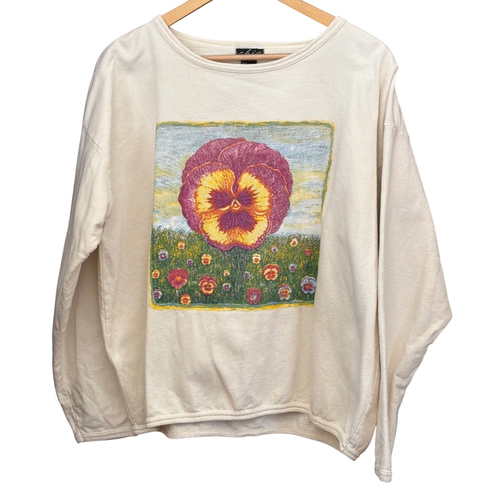 Vintage 90's Chic Sweatshirt Pansy Floral Cottagecore Grandma Core Artsy Retro
